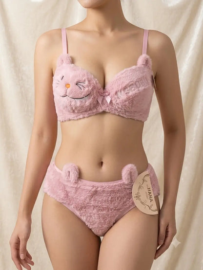 Fluffy Cute Furr Style Double Padded bra with Panty , 1 Set