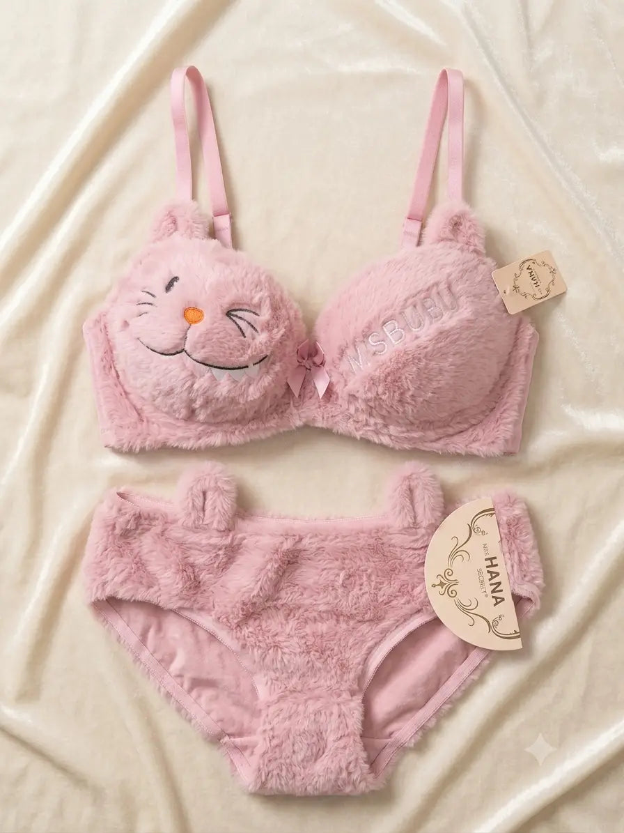 Fluffy Cute Furr Style Double Padded bra with Panty , 1 Set