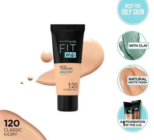 Maybelline New York Fit Me Matte & Poreless Liquid Foundation 18ml – Shade 120 Classic Ivory (Normal to Oily Skin)