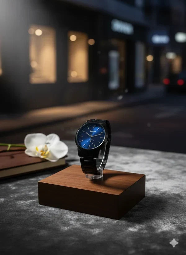 BESTWIN Minimalist Matte Black Watch – Blue Sunray Dial | Premium Quartz Men’s Bracelet Watch