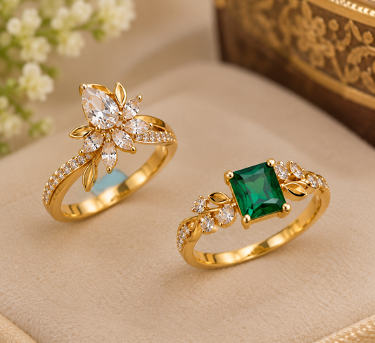 Elegant Gold Floral & Emerald Rings