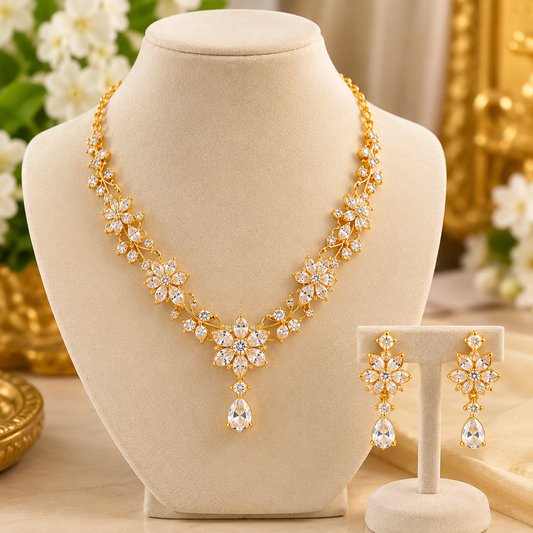 Gold-Tone Floral Necklace Set with Matching Earrings for Women