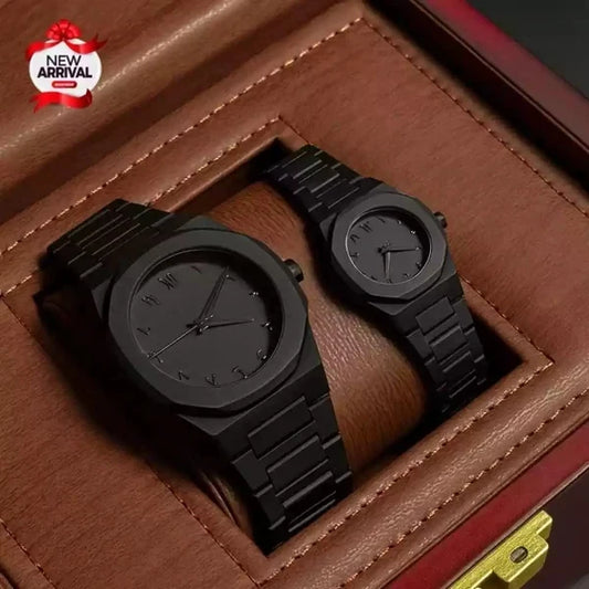 Couple Black AURA Quartz Watch Set – Matching His & Her All-Black Wrist Watches