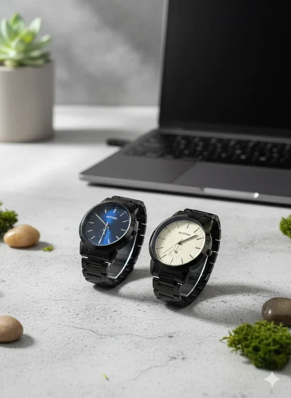 BESTWIN Minimalist Matte Black Watch – Blue Sunray Dial | Premium Quartz Men’s Bracelet Watch