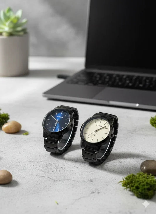 BESTWIN Minimalist Matte Black Watch – Blue Sunray Dial | Premium Quartz Men’s Bracelet Watch