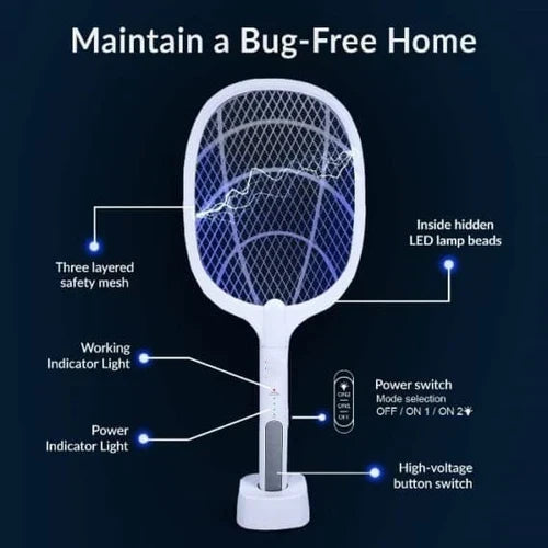 Rechargeable Mosquito Racket with Stand | Electric Insect Killer Bat