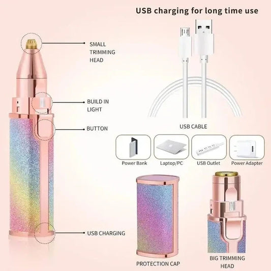 Rechargeable 2-in-1 Eyebrow Trimmer & Facial Hair Remover for Women– USB Charging, Painless & Portable